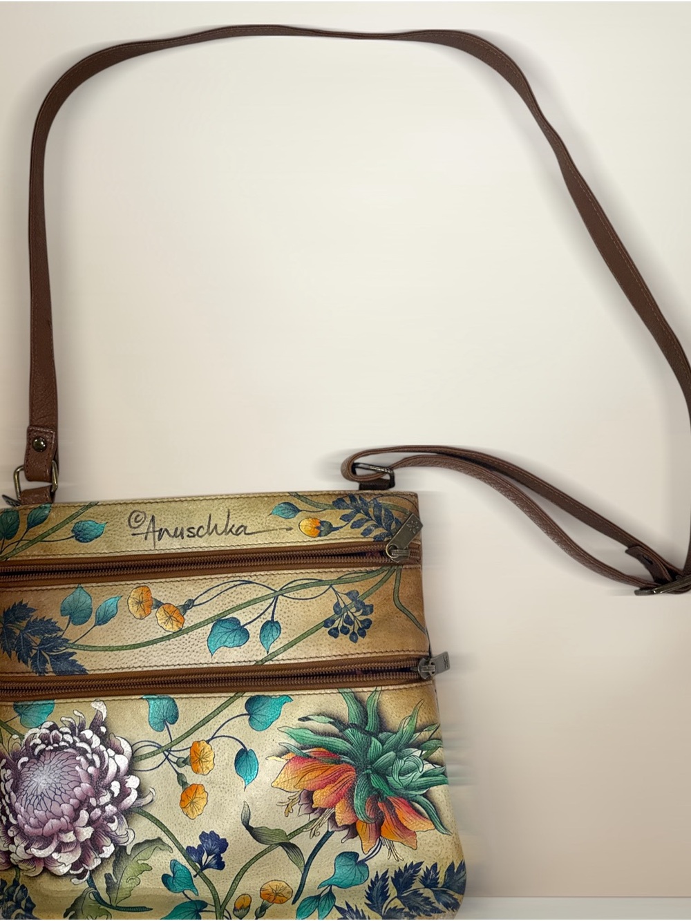 Anuschka Brown Floral Crossbody Bag
